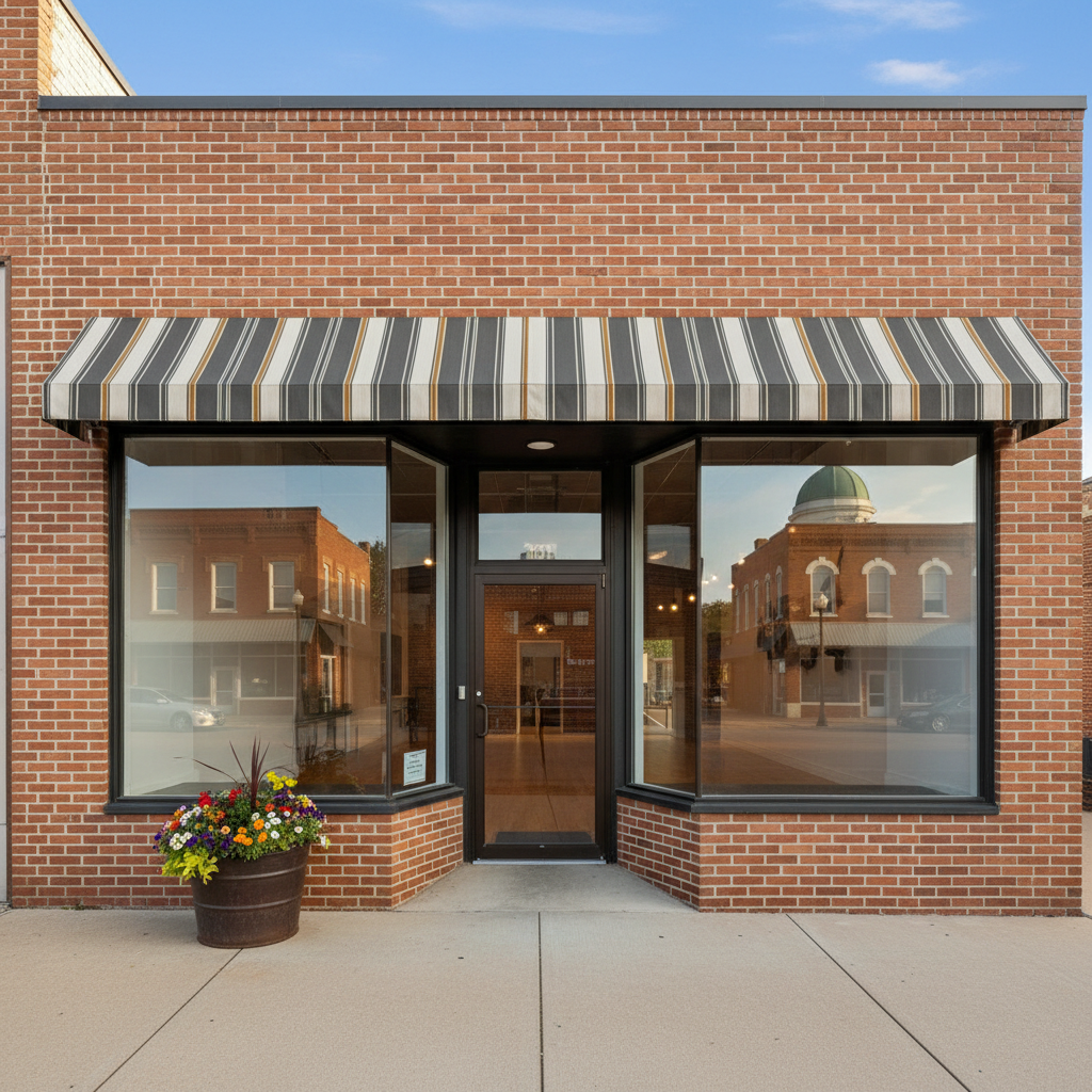 A meticulously maintained brick storefront on a small-town Southwest Missouri square, suitable for mixed-use or small business real estate. The building has large, spotless display windows framed by dark metal mullions, a recessed glass entry door, and a tasteful striped fabric awning in muted charcoal tones. The sidewalk is clean, with a single decorative planter of seasonal flowers near the entrance. Late morning sunlight illuminates the facade evenly, while the interior appears softly lit, hinting at flexible open space inside. Captured straight-on at eye level for an architectural feel, the background includes subtly blurred neighboring brick buildings and a hint of the courthouse dome down the street. The mood is professional and community-centered, in sharp, photographic detail.
